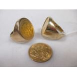 Two 9ct ring mounts each with a half sovereign, together with a loose half sovereign (Qty: 3)