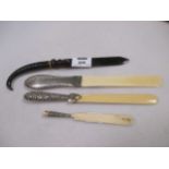 A late Victorian ivory and white metal mounted letter opener and three various letter openers (4)