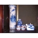 A Chinese blue and white sleeve vase (as found) and a quantity of other oriental wares.