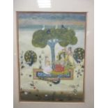 An Indian school miniature of figures beneath a tree on a carpet, 19 x 14cm; and two
