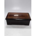 A late 19th century rosewood and inlaid music bowl playing 6 airs crank wind 35cm wide