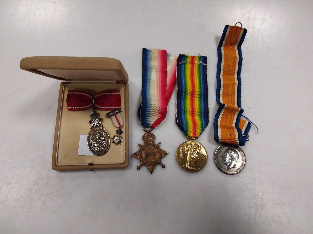 Three WWI medals, a small collection of portrait miniatures, a cased Crosse pen etc.