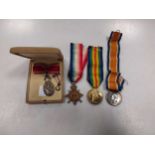 Three WWI medals, a small collection of portrait miniatures, a cased Crosse pen etc.