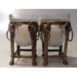 A pair of plain and frosted glass candlesticks; a brown stoneware and scraffiato decorated studio