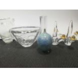 A Kosta Boda glass bowl, a two-handled glass vase and other items of decorative glassware