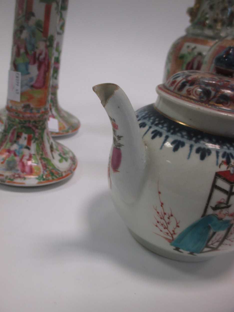 A pair of Cantonese vases and candlesticks; together with a teapot (damages) (5) - Image 3 of 5