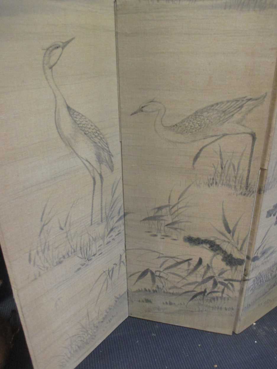 A large painted fabric screen decorated with cranes, 172 cm wide x 237cm high - Image 3 of 4