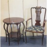 A circular mahogany occasional table, 69cm high x 60 diam; and an Edwardian decorated open