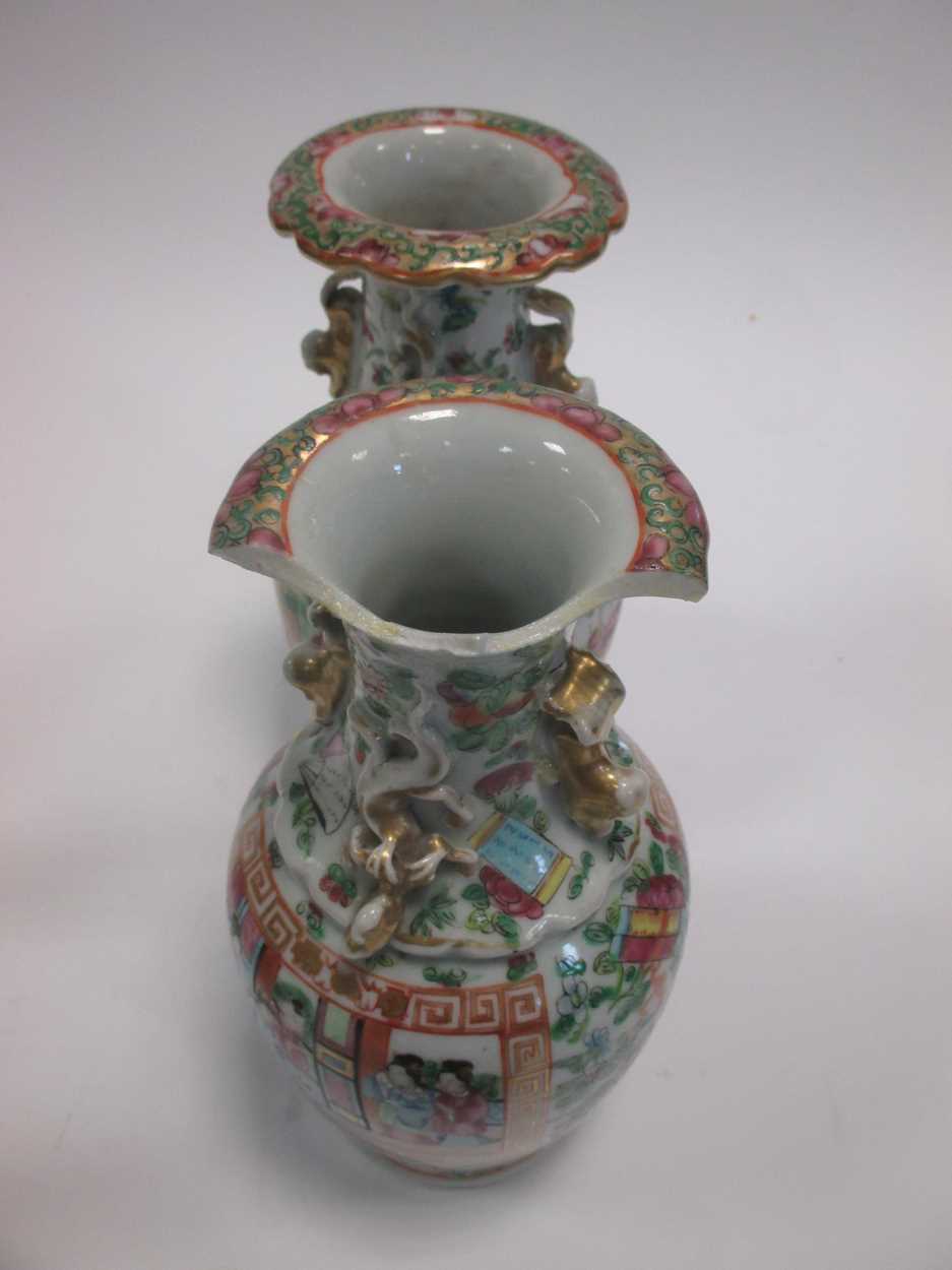 A pair of Cantonese vases and candlesticks; together with a teapot (damages) (5) - Image 2 of 5