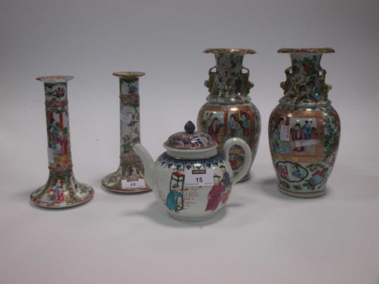 A pair of Cantonese vases and candlesticks; together with a teapot (damages) (5) - Image 5 of 5