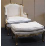 Louis XV style giltwood armchair and foot stool, 44 x 74 x 52cm