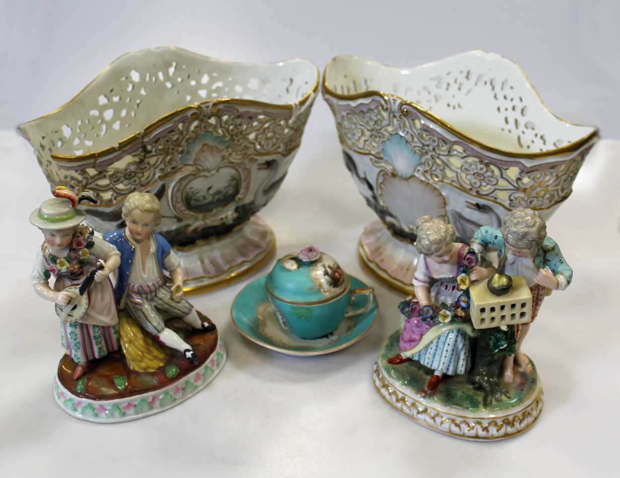 A pair of Dresden porcelain bowls (1 damaged) 2 porcelain figure groups and one other