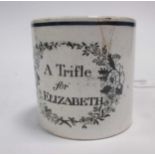 An English creamware coffee can, printed 'A Trifle for Elizabeth'