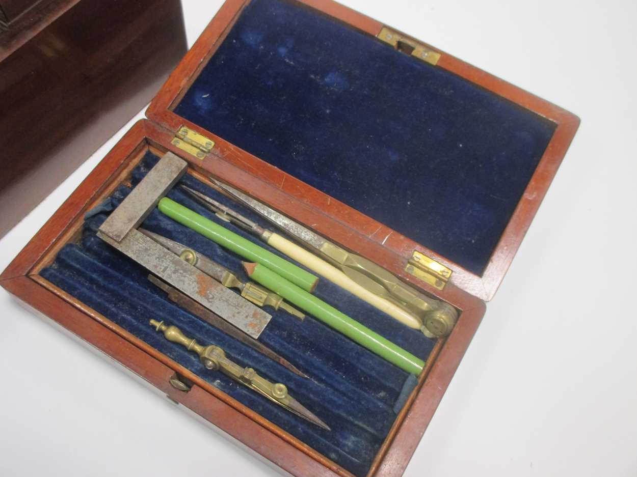 A Victorian stationery box, a mahogany tea caddy, brass scales etc - Image 2 of 3