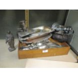Various plated wares including chamberstick, serving dish, cutlery, a pair of pewter candlesticks