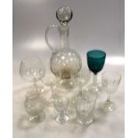 Sixteen turquoise bowled stem glasses, with a quantity of cut and other glassware