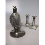 A sterling mounted glass decanter with stopper (some loss of silver cladding to body), a small