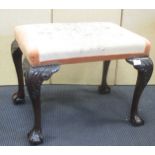 A Victorian mahogany stool on leaf carved legs and ball and claw feet, 46 x 62 x 45cm