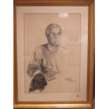 A pen and ink portrait of a man in a gold coloured frame, 161 x 70cm