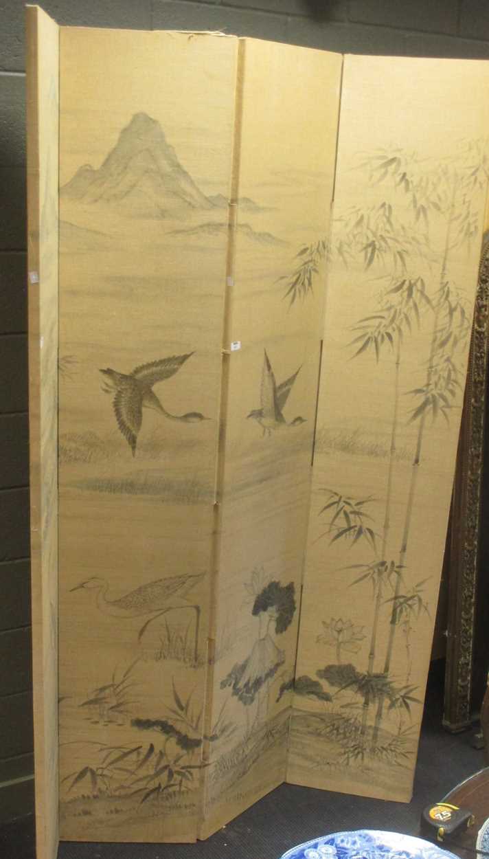 A large painted fabric screen decorated with cranes, 172 cm wide x 237cm high