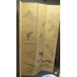 A large painted fabric screen decorated with cranes, 172 cm wide x 237cm high