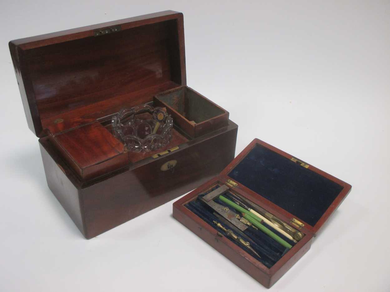 A Victorian stationery box, a mahogany tea caddy, brass scales etc