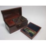 A Victorian stationery box, a mahogany tea caddy, brass scales etc