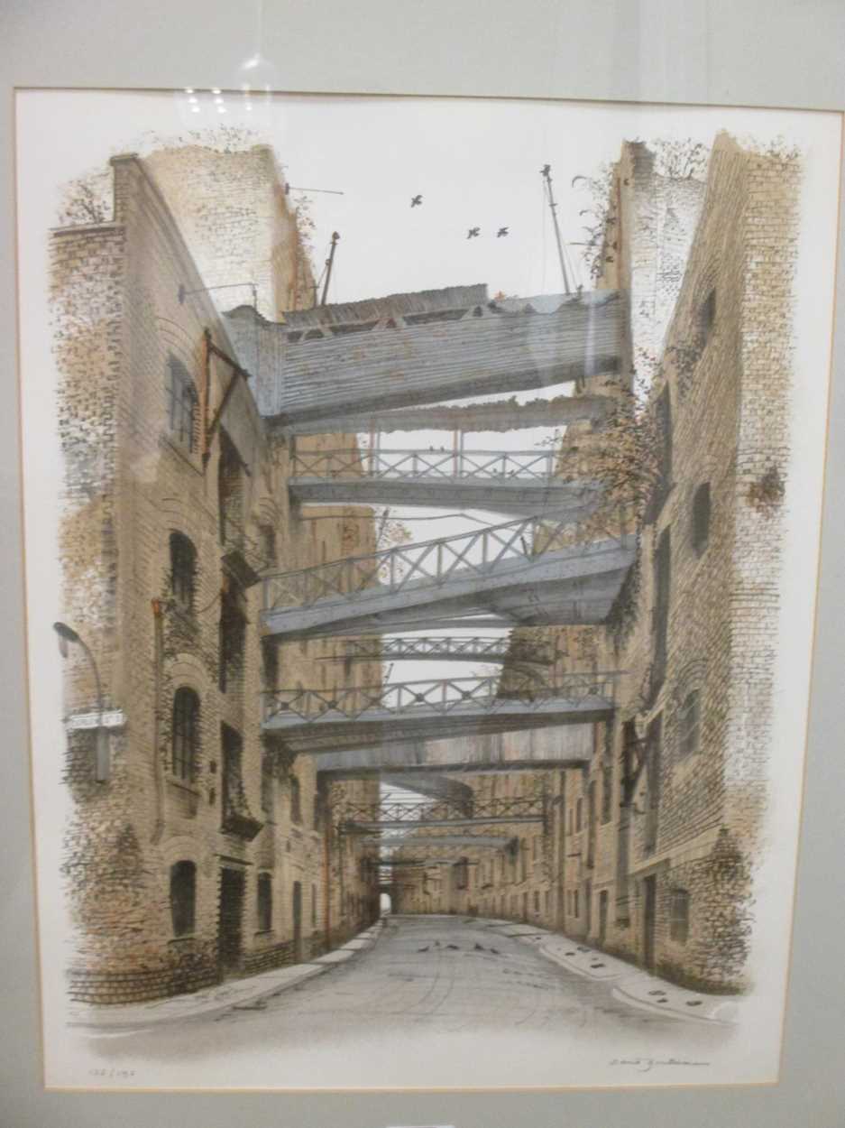 David Gentleman, London industrial buildings at Curlew Street, lithograph signed and numbered 138/
