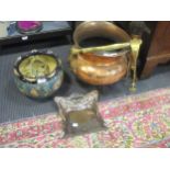 A copper scuttle, a dust pan and a jardiniere