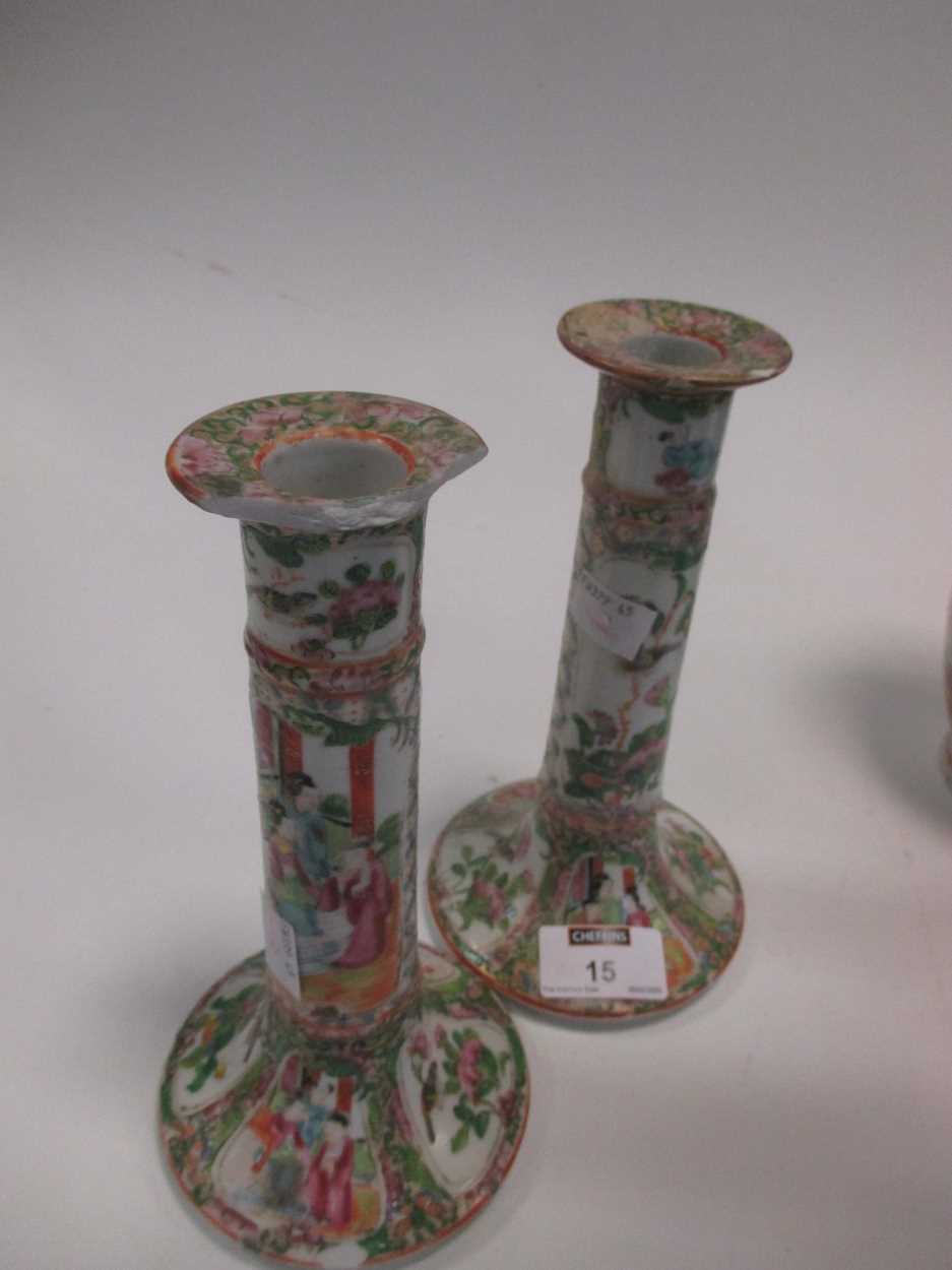 A pair of Cantonese vases and candlesticks; together with a teapot (damages) (5) - Image 4 of 5