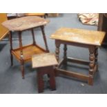 An oak coffee table with joined frame, the top 56 x 38cm, an occasional table with carved top (leg