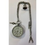 Unsigned - A Victorian silver open faced chronograph pocket watch and Albert chain,
