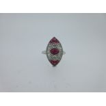 A ruby and diamond marquise shaped plaque ring,