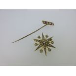 A ruby, diamond and seed pearl stick pin together with a seed pearl star brooch,