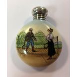 An Edward VII ceramic painted scent bottle with silver cover,