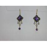 A pair of amethyst, cultured pearl and diamond ear pendants,