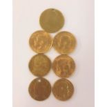 A collection of gold coins,