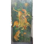 A timber door, with laid down painting on canvas of stylised Asian tigers, 172 x 77cm