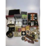 A pair of 9ct gold cufflinks, 9g, a 9ct lady's wristwatch 14.2g gross, and other items of jewellery,