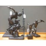 Two bronzed models of discus throwers, together with a spelter Mali Horse, a spelter gladiator and