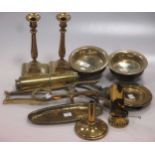 A 19th century brass boot jack stamped G. Spakeman, a brass three drawer telescope, a brass fars