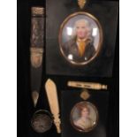 Two portrait miniatures in typical black frames, 19th century, a Scottish Skean Dhu knife, bone