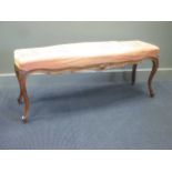 French Victorian carved walnut end of bed stool, 50 x 127 x 40cm