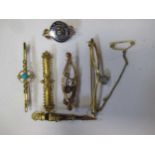 A collection of six brooches, including a 15ct turquoise and pearl bar brooch and a Scottish '