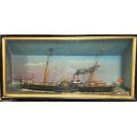 An early 20th century model paddle ship diorama,