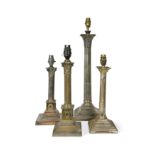 Four assorted electroplate Corinthian column table lamps,