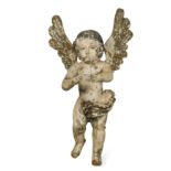 A carved painted wood cherub, 19th century,