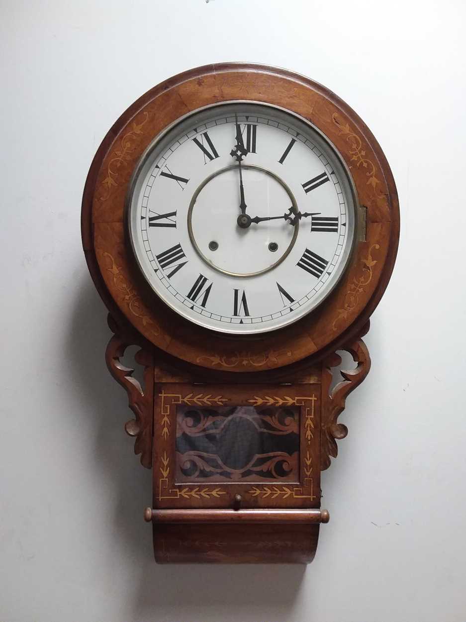 A late Victorian American walnut case drop dial wall clock,