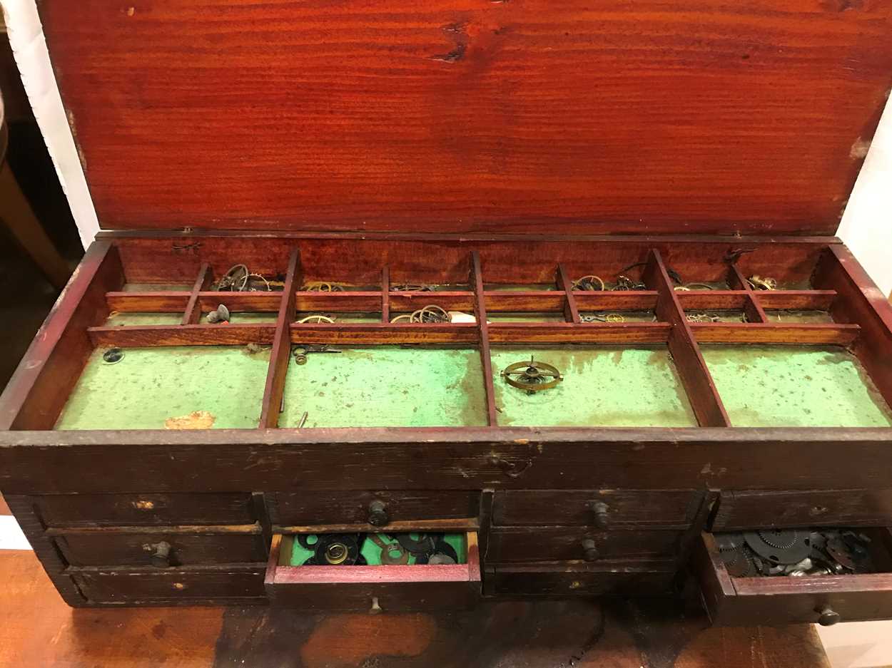 A cabinet of watchmaker's spare parts, watch movements, tools and oddments, circa 1900, the two - Image 3 of 9