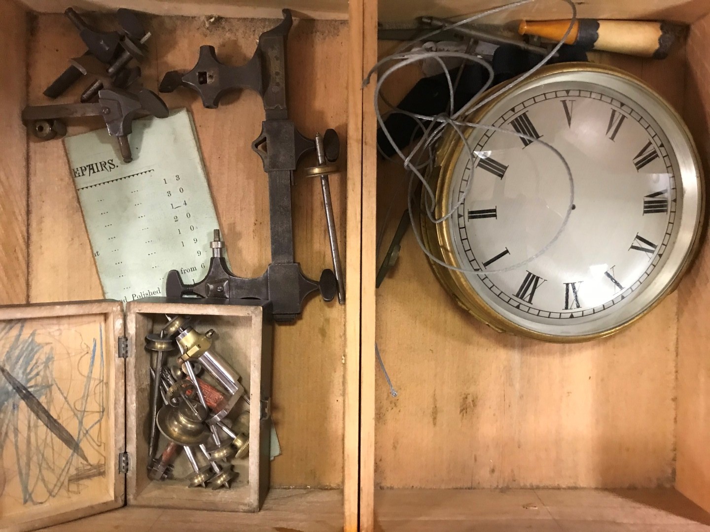 A cabinet of watchmaker's spare parts, watch movements, tools and oddments, circa 1900, the two - Image 5 of 9